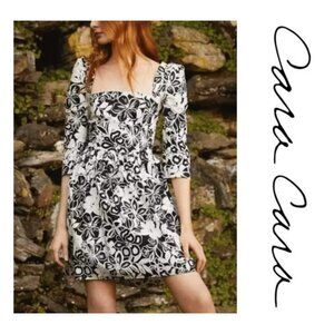 Cara Cara Hart Floral Puff Sleeve Cotton Minidress Black White Size 12 NWOT